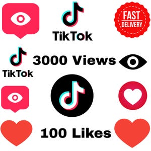 May include: A collection of social media icons and text including the TikTok logo, eye symbols, heart shapes, and the text 3000 Views and 100 Likes. A red circular badge with the text FAST DELIVERY is positioned in the top right corner of the image.