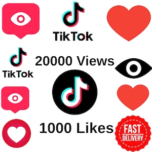 May include: A collection of social media icons including TikTok logos, red heart shapes, eye symbols representing views, and text reading 20000 Views and 1000 Likes. A red circular badge with white text reads FAST DELIVERY at the bottom right corner.