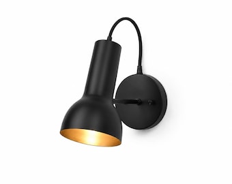 Aplique de pared de cuello de cisne negro mate, lámpara de lectura ajustable, luz de acento interior dorada