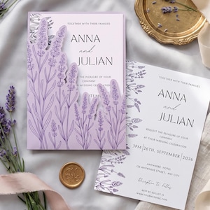 Funda para invitación de boda con diseño de lavanda de Provenza en formato SVG, envoltura floral, para imprimir y cortar con Cricut, 4 tamaños.