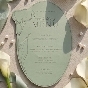 Menú de boda con lirios cala en formato SVG, plantilla de tarjeta ovalada verde salvia, Cricut Print Then Cut.