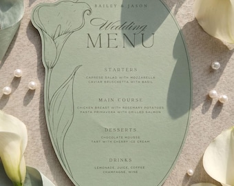 Menú de boda con lirios cala en formato SVG, plantilla de tarjeta ovalada verde salvia, Cricut Print Then Cut.