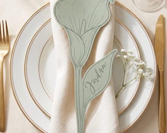 Tarjeta de mesa para boda con diseño de lirio cala en formato SVG, tarjeta de nombre troquelada, compatible con Cricut Print Then Cut.