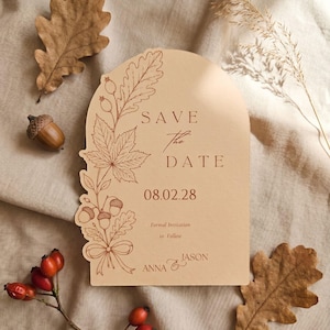 SVG-Datei „Save the Date“ mit Herbstblattmotiv, herbstliche Karte in Terrakotta-Bogenform, Cricut-Druckvorlage