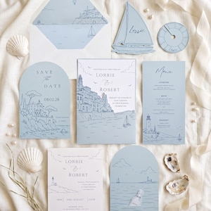 Puede incluir: Un conjunto de papelería de boda en azul claro y blanco con ilustraciones costeras de veleros, faros y arquitectura mediterránea. El set incluye un save the date, invitación, menú y tarjeta RSVP con texto para Lorrie y Robert.
