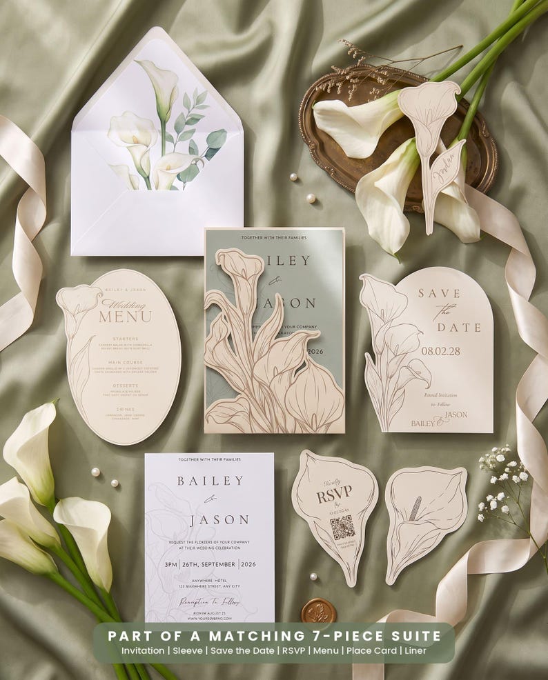 Puede incluir: Un conjunto de papeler&iacute;a de boda con ilustraciones de lirios cala en tonos crema y verde salvia. Incluye un sobre con forro floral, un men&uacute;, una tarjeta de save the date, una invitaci&oacute;n con funda troquelada, un RSVP con c&oacute;digo QR y un marcador.