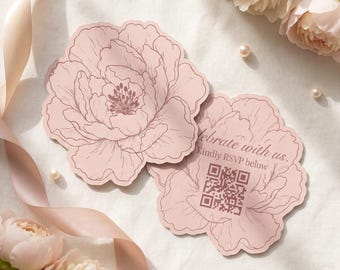 May include: Two die-cut cards shaped like peonies with light pink backgrounds and dark pink line art illustrations. One card features the text "Celebrate with us. Kindly RSVP below" above a square QR code in the center of the floral design.