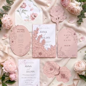 May include: A wedding stationery set featuring blush pink and white paper goods with floral line art. Includes an oval menu, a rectangular invitation, an arched save the date, a floral-shaped name card, and a QR code card, all with peony motifs.