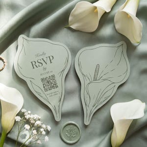 Plantilla de tarjeta RSVP troquelada con diseño de lirio cala para Cricut / Tarjeta RSVP de boda editable con código QR / Diseño floral para imprimir y cortar imagen 9