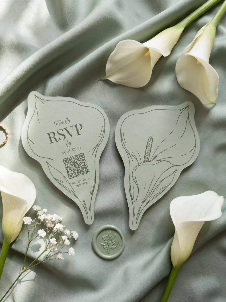 Plantilla de tarjeta RSVP troquelada con diseño de lirio cala para Cricut / Tarjeta RSVP de boda editable con código QR / Diseño floral para imprimir y cortar imagen 9