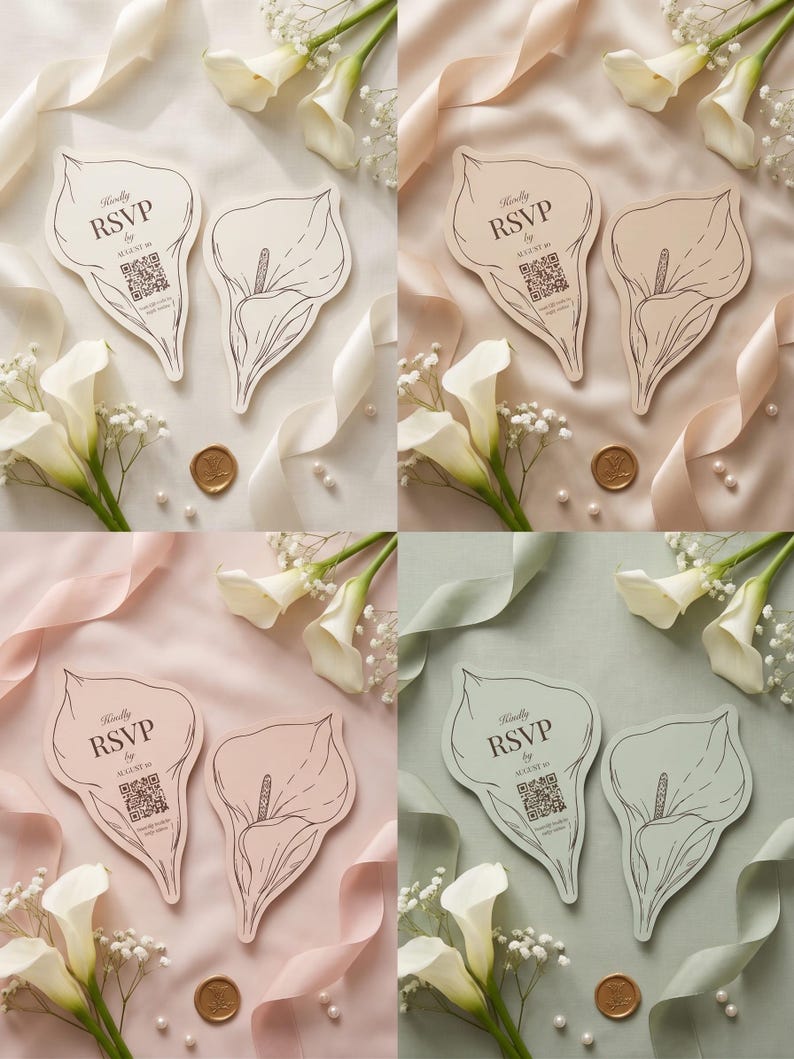 Puede incluir: Cuatro juegos de tarjetas RSVP con forma de lirio de cala en blanco, beige, rosa y verde salvia. Cada tarjeta presenta un dibujo de l&iacute;nea negra de un lirio de cala, el texto "Kindly RSVP by AUGUST 30" y un c&oacute;digo QR. Lirios de cala blancos y cintas rodean las tarjetas.