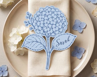 Carte de placement de mariage Hortensia SVG, carte de nom bleu poudré, à imprimer puis découper avec Cricut
