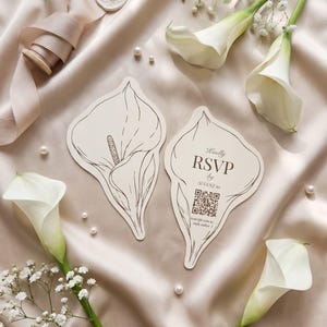 Plantilla de tarjeta RSVP troquelada con diseño de lirio cala para Cricut / Tarjeta RSVP de boda editable con código QR / Diseño floral para imprimir y cortar imagen 10