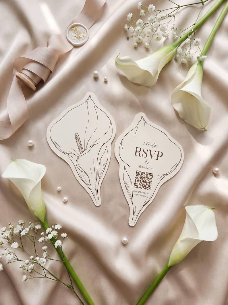 Plantilla de tarjeta RSVP troquelada con diseño de lirio cala para Cricut / Tarjeta RSVP de boda editable con código QR / Diseño floral para imprimir y cortar imagen 10