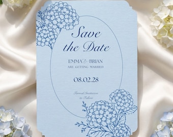 Tarjeta SVG de "Reserva la fecha" con hortensias, tarjeta azul empolvado, Cricut Print Then Cut