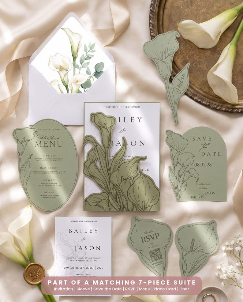 Puede incluir: Un conjunto de papeler&iacute;a de boda de siete piezas en cartulina verde salvia con ilustraciones de lirios cala blancos. El set incluye un men&uacute;, invitaci&oacute;n con funda floral troquelada, save the date, tarjeta RSVP, tarjeta de sitio y sobre con forro floral.