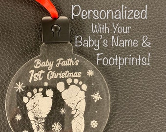 Made in USA: LIGHT-UP Personalized Baby’s First Christmas Ornament with Name and Footprints