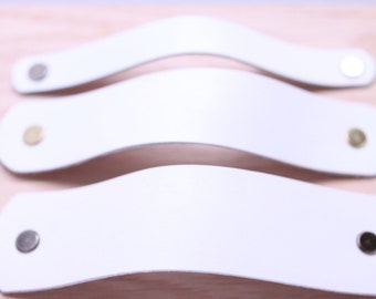 Handcrafted in USA: White All leather drawer / cabinet pulls With Hardware! 3 sizes wide medium thin