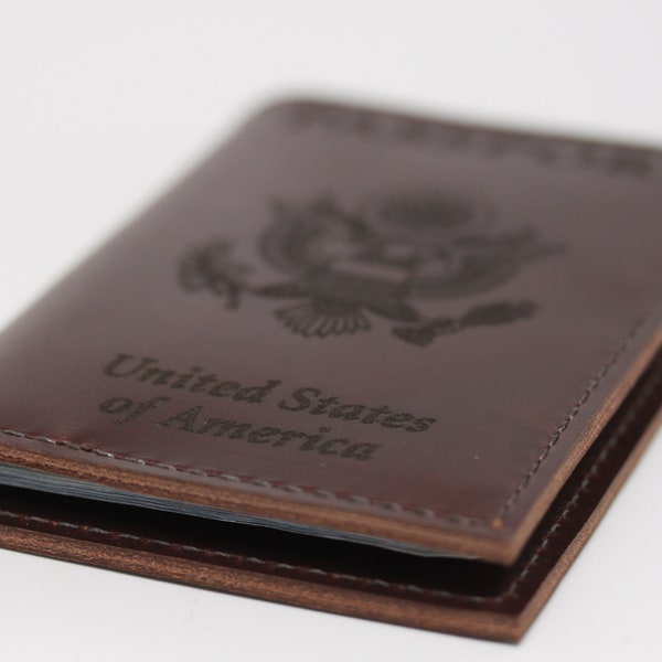 Handmade in USA -  Leather Passport holder with USA Passport logo / wallet / Smooth Rich Brown
