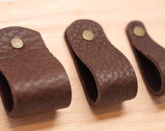 Handcrafted in USA: Dark Brown All leather wide drawer / cabinet loop pulls With Hardware! 3 sizes wide medium thin