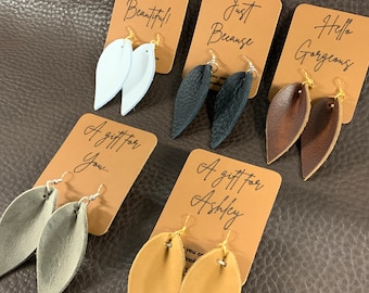 Handcrafted in USA: Sweet Gift Leather Leaf Earrings - Custom personalized message!