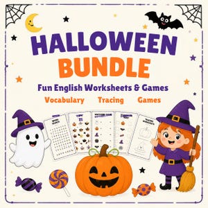 Puede incluir: Un paquete de Halloween con hojas de trabajo y juegos en inglés que incluye un fantasma blanco, una calabaza y una bruja con una escoba. El texto dice HALLOWEEN BUNDLE, Fun English Worksheets & Games, Vocabulary, Tracing, Games.