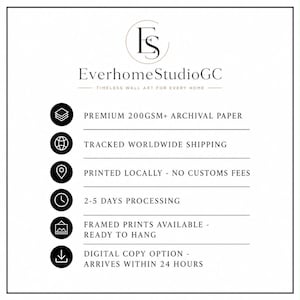 K&ouml;nnte beinhalten: Eine wei&szlig;e Informationsgrafik f&uuml;r EverhomeStudioGC mit Logo und sechs schwarzen kreisf&ouml;rmigen Symbolen. Der Text listet Premium 200gsm+ Archivpapier, weltweiten Versand mit Sendungsverfolgung, lokalen Druck, Bearbeitungszeiten, gerahmte Drucke und digitale Optionen.