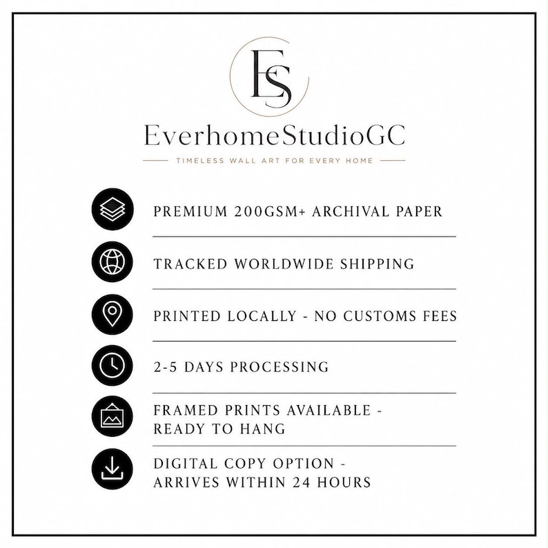 K&ouml;nnte beinhalten: Eine wei&szlig;e Informationsgrafik f&uuml;r EverhomeStudioGC mit Logo und sechs schwarzen kreisf&ouml;rmigen Symbolen. Der Text listet Premium 200gsm+ Archivpapier, weltweiten Versand mit Sendungsverfolgung, lokalen Druck, Bearbeitungszeiten, gerahmte Drucke und digitale Optionen.