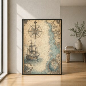 May include: A framed wall art print featuring an antique-style nautical map with a detailed sailing ship, a large compass rose, a globe illustration, and a coastal landmass rendered in muted beige, brown, and soft blue tones on aged paper.