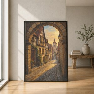 Peut inclure: Une impression d'art encadrée représentant une rue pavée dans une ville européenne vue à travers une arche en pierre. La scène présente des maisons à colombages, des plantes grimpantes et une tour d'horloge sous un ciel doré au coucher du soleil.