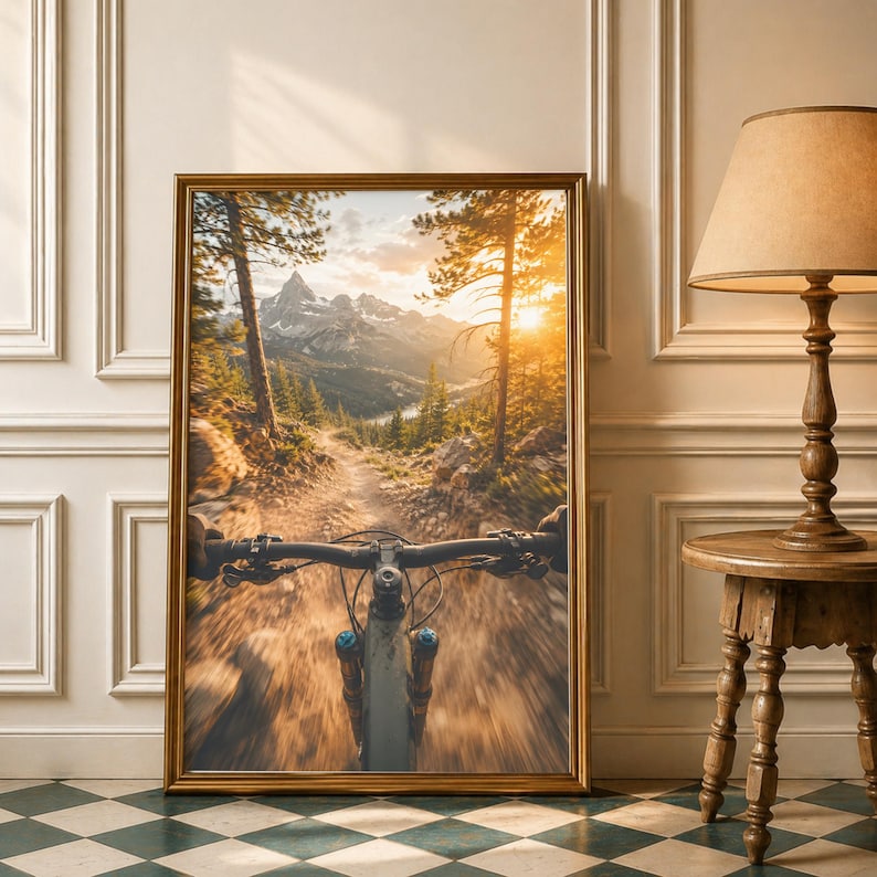 K&ouml;nnte beinhalten: Ein gerahmter Kunstdruck mit einer Ich-Perspektive auf einen Mountainbike-Lenker und eine Federgabel auf einem Feldweg. Die Szene zeigt einen sonnendurchfluteten Waldweg, der w&auml;hrend eines goldenen Sonnenuntergangs zu Berggipfeln f&uuml;hrt.