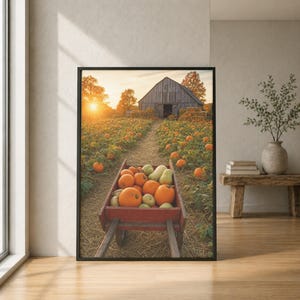 Impressão de fazenda com abóboras, carrinho de mão cheio de abóboras, arte de celeiro para colheita de outono.