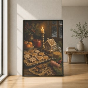 May include: A framed wall art print depicting a cosy holiday scene with a baking sheet of star and heart-shaped gingerbread cookies, a small gingerbread house, a lit candle in a brass holder, oranges, cinnamon sticks, and a glass jar.