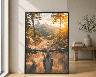 Affiche de sentier de VTT : Descente au coucher du soleil