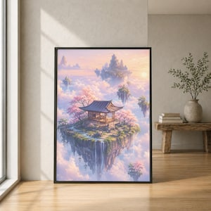 Peut inclure: Une impression d'art mural encadrée représentant une structure en bois traditionnelle sur une île flottante entourée de cerisiers en fleurs roses, de cascades et de sommets montagneux lointains sous un ciel pastel rempli de nuages.