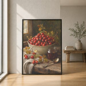 May include: A framed oil painting depicting a speckled ceramic bowl overflowing with bright red rose hips, a small glass jar filled with dark jam, a silver spoon, and loose rose hip sprigs resting on a textured cloth atop a wooden surface.