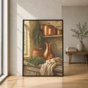 Stillevenprint met koperen potten, rustieke keukenwanddecoratie, boerderijstijl olieverfschilderij.