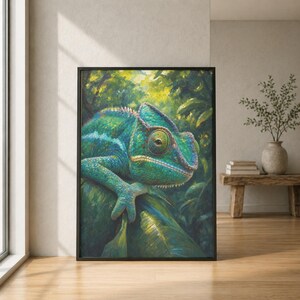 May include: A framed wall art print featuring a detailed painting of a vibrant green chameleon perched on a large leaf. The chameleon has textured skin and a prominent casque, set against a lush, painterly background of deep green foliage.