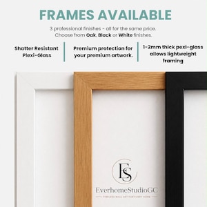 K&ouml;nnte beinhalten: Drei rechteckige Bilderrahmen in den Ausf&uuml;hrungen Wei&szlig;, Eiche und Schwarz. Der Text lautet: FRAMES AVAILABLE, 3 professional finishes, Choose from Oak, Black or White finishes, Shatter Resistant Plexi-Glass, Premium protection, 1-2mm thick pexi-glass.