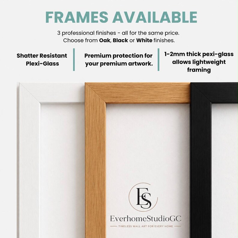 K&ouml;nnte beinhalten: Drei rechteckige Bilderrahmen in den Ausf&uuml;hrungen Wei&szlig;, Eiche und Schwarz. Der Text lautet: FRAMES AVAILABLE, 3 professional finishes, Choose from Oak, Black or White finishes, Shatter Resistant Plexi-Glass, Premium protection, 1-2mm thick pexi-glass.
