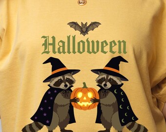 Halloween Raccoon Graphic Tee, Spooky Witch Raccoon Shirt, Cute Pumpkin Autumn Gift