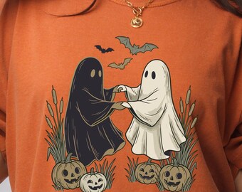 Ghosts Holding Hands Halloween Tee, Cute Ghost Pumpkin Graphic Shirt, Spooky Season Fall Apparel, Whimsical Ghost Friends Gift
