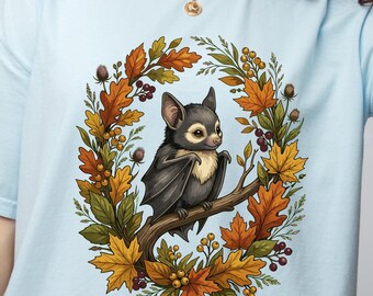 Cute Bat Autumn Wreath Tee, Spooky Kawaii Fall Graphic Shirt, Whimsical Woodland Bat Illustration, Cozy Cottagecore Nature Lover