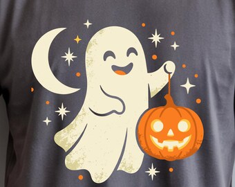 Cute Ghost Holding Pumpkin Tee, Kawaii Halloween Graphic Shirt, Spooky Season Gift