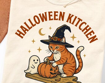 Halloween Kitchen Cat Graphic Tee, Witchy Orange Tabby Pumpkin Ghost Shirt, Spooky Season Fall Apparel, Cute Cat Lover