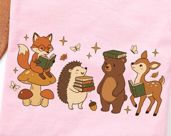 Woodland Animals Reading Books Graphic Tee, Cute Forest Creature Storytime Shirt, Whimsical Cottagecore Book Lover Gift
