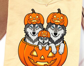 Husky Halloween Graphic Tee, Cute Siberian Husky Pumpkin Shirt, Dog Lover Fall Gift, Spooky Season Husky Puppy Pumpkin