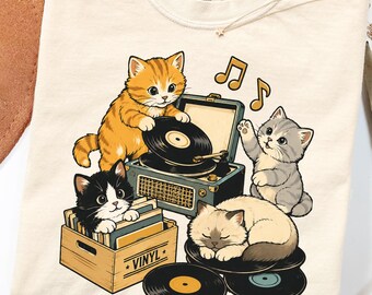 Cat Vinyl Record Graphic Tee, Retro Music Lover Shirt, Cute Kitten Gift
