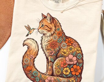 Floral Cat Hummingbird Graphic Tee, Whimsical Botanical Nature Shirt, Cute Cat Lover Gift