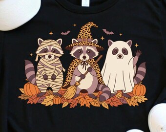 Raccoon Halloween Trio Graphic Tee, Cute Witch Ghost Mummy Costume Shirt, Funny Woodland Animal Fall Spooky Season Gift